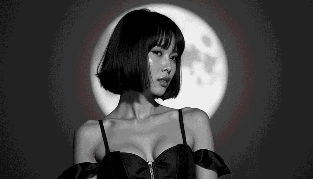 Woman with short black bob haircut in black top, moon backdrop. Portrait of stylish Asian woman.