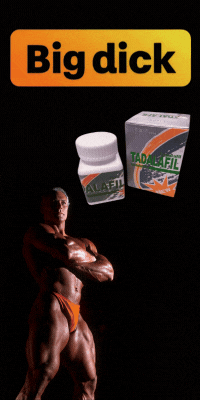 Bodybuilder with Tadalafil pills, text says "Big dick".