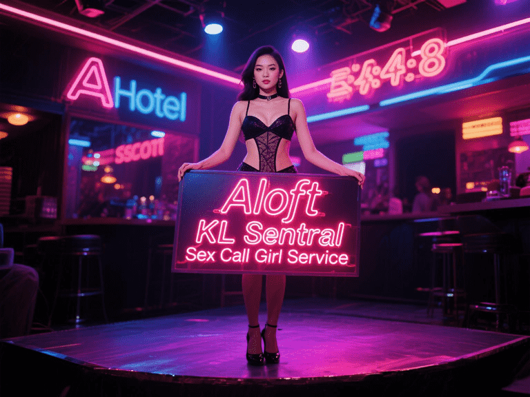Woman holding Aloft KL Sentral sign in nightclub setting.