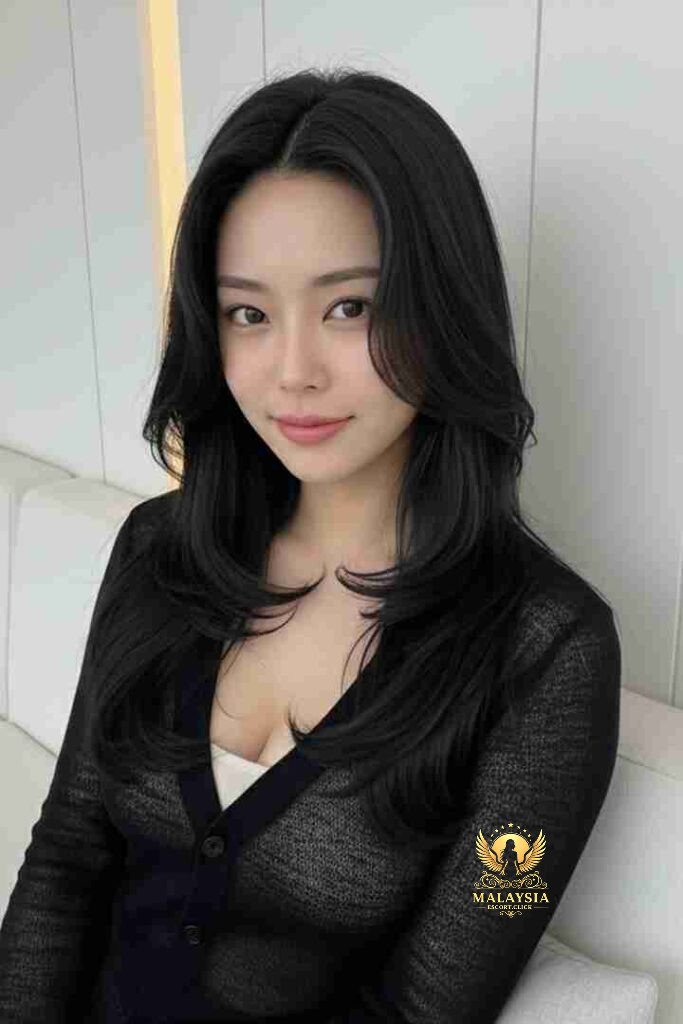 Beautiful Asian woman with long black layered hair wearing a black cardigan. Portrait style.