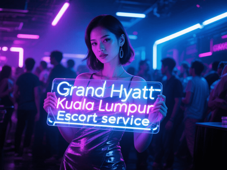 Woman holding "Grand Hyatt Kuala Lumpur Escort service" sign in club setting.