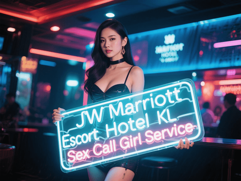Woman holding JW Marriott KL escort service sign in a neon-lit bar.