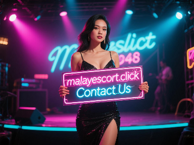 Glamorous woman holding "Contact Us" sign for KL escort service.