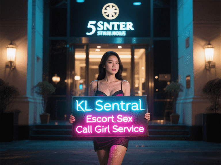 Woman holding "KL Sentral Escort Sex Call Girl Service" sign at night.
