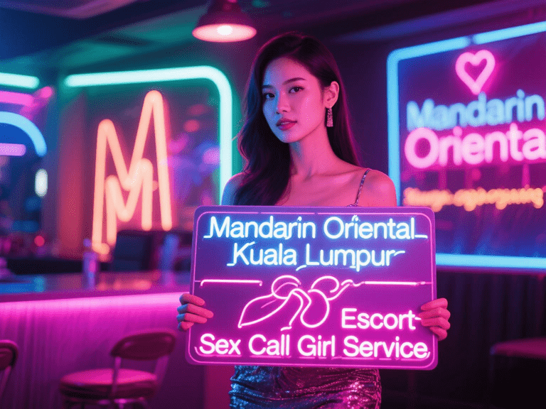Asian woman holding Mandarin Oriental KL escort sign with neon lights.