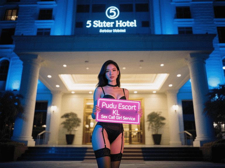 Woman in lingerie holding "Pudu Escort KL" sign in front of 5 Sater Hotel. Premium KL escort service.