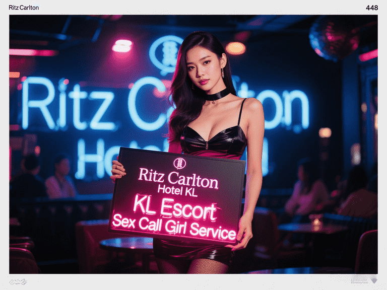Woman holding Ritz Carlton KL escort service sign. Nightlife setting.