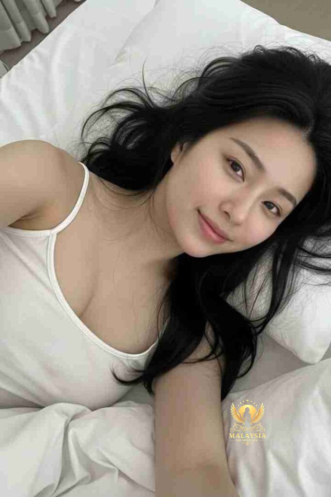 Woman with dark hair in white tank top smiling on white bedsheets.
