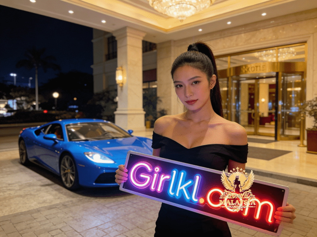 KL escort girl holding Girlkl.com sign in front of luxury car and hotel.