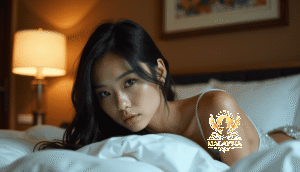 Malaysia Escort Girl Young Asian woman with dark hair lying on a bed, looking at the camera. Sex Service Kuala Lumpur