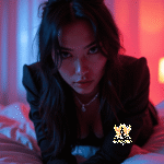 Malaysia Escort Girl Woman in black blazer posing on a bed with red and blue lighting Sex Service Kuala Lumpur