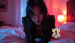 Malaysia Escort Girl Woman in black blazer posing on a bed with red and blue lighting Sex Service Kuala Lumpur