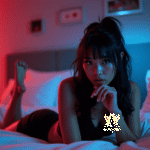 Malaysia Escort Girl Woman in lingerie lying on a bed with red and blue lighting Sex Service Kuala Lumpur