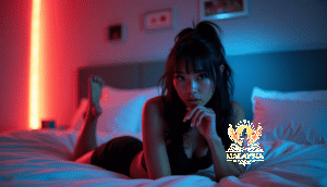 Malaysia Escort Girl Woman in lingerie lying on a bed with red and blue lighting Sex Service Kuala Lumpur