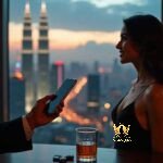 Malaysia Escort Girl Couple enjoying drinks with city skyline view at dusk Sex Service Kuala Lumpur