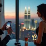 Malaysia Escort Girl Couple enjoys city view at night from high-rise apartment while man takes photo on phone. Sex Service Kuala Lumpur