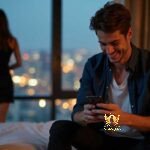 Malaysia Escort Girl Smiling man on bed with phone, woman in background, champagne Sex Service Kuala Lumpur