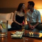 Malaysia Escort Girl Couple in hotel room with money, lipstick, and drink on table Sex Service Kuala Lumpur