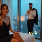 Malaysia Escort Girl Couple in elegant attire in a luxury hotel suite overlooking city lights at dusk. Sex Service Kuala Lumpur