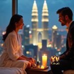 Malaysia Escort Girl Couple enjoying a romantic evening with city lights and towers in the background. Sex Service Kuala Lumpur