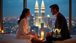 Malaysia Escort Girl Couple enjoying a romantic evening with city lights and towers in the background. Sex Service Kuala Lumpur
