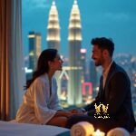 Malaysia Escort Girl Couple enjoying a romantic evening overlooking city skyline and Petronas Towers Sex Service Kuala Lumpur