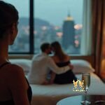 Malaysia Escort Girl Woman watches couple embrace in hotel room with city lights Sex Service Kuala Lumpur