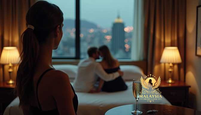 Malaysia Escort Girl Woman watches couple embrace in hotel room with city lights Sex Service Kuala Lumpur