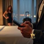 Malaysia Escort Girl Man in suit uses smartphone in hotel room with woman in background Sex Service Kuala Lumpur