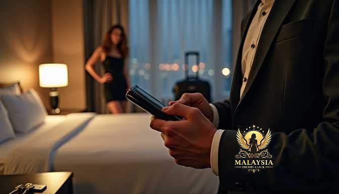 Malaysia Escort Girl Man in suit uses smartphone in hotel room with woman in background Sex Service Kuala Lumpur