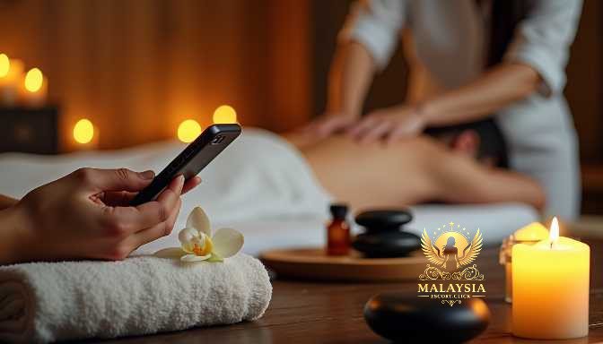 Malaysia Escort Girl Person using phone during massage with candles and stones Sex Service Kuala Lumpur