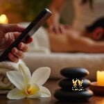 Malaysia Escort Girl Person using phone in spa with candles, massage, and flower Sex Service Kuala Lumpur