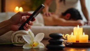 Malaysia Escort Girl Person using phone in spa with candles, massage, and flower Sex Service Kuala Lumpur