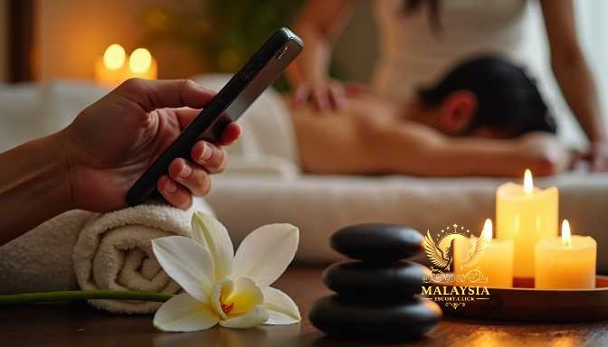 Malaysia Escort Girl Person using phone in spa with candles, massage, and flower Sex Service Kuala Lumpur