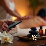 Malaysia Escort Girl Spa therapist using phone with massage oils, stones, and orchid Sex Service Kuala Lumpur