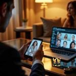 Malaysia Escort Girl Man on phone and laptop during a video conference with multiple participants. Sex Service Kuala Lumpur