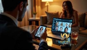 Malaysia Escort Girl Man on phone and laptop during a video conference with multiple participants. Sex Service Kuala Lumpur