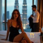 Malaysia Escort Girl Woman in black dress on bed with city skyline view Sex Service Kuala Lumpur