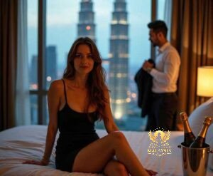 Malaysia Escort Girl Woman in black dress on bed with city skyline view Sex Service Kuala Lumpur