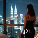 Malaysia Escort Girl Woman in black dress admires Kuala Lumpur skyline at night from luxury apartment. Sex Service Kuala Lumpur