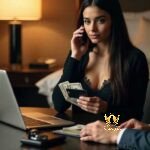 Malaysia Escort Girl Woman on phone with laptop and cash, in a hotel room setting. Sex Service Kuala Lumpur